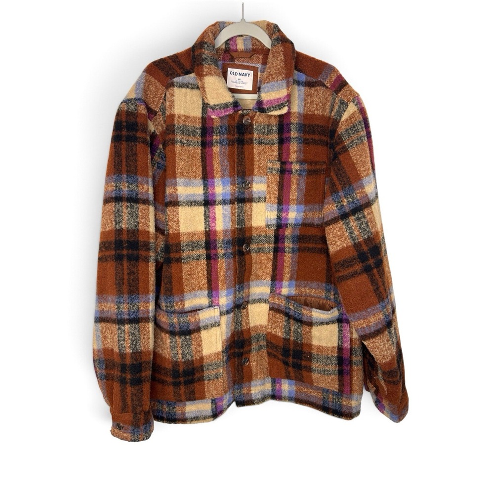 Old Navy Men's XXL Wool Blend Plaid Chore Jacket Brown Workwear Shacket